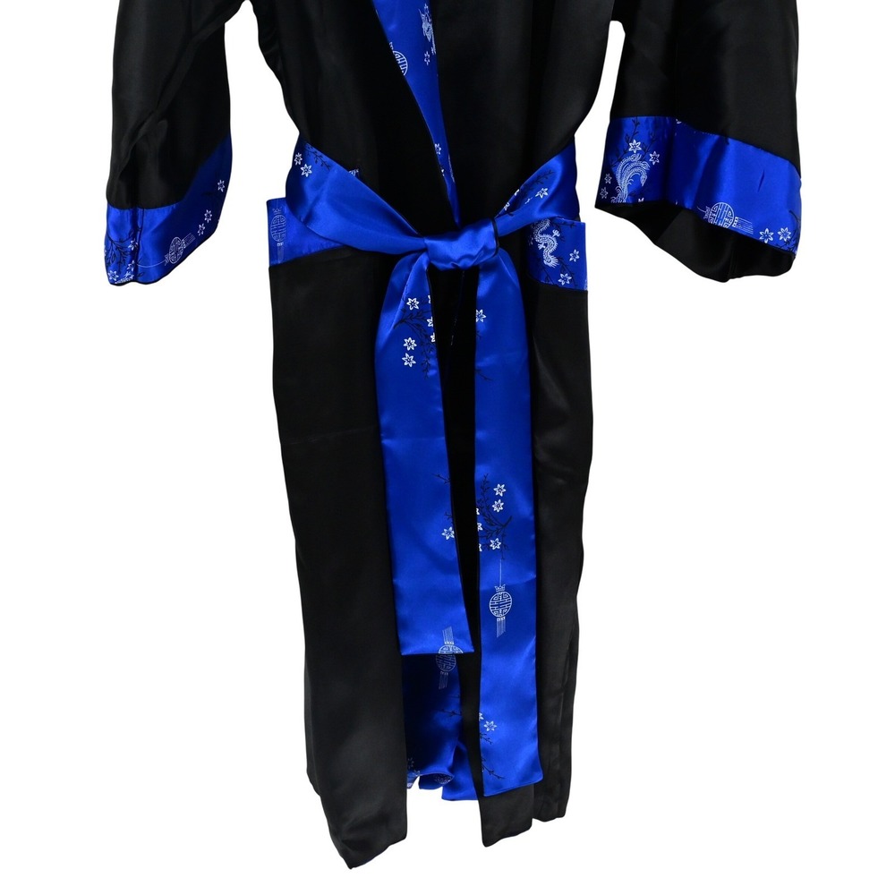 VTG Reversible Phoenix Dragon Kimono Robe Silk Satin Black Blue Pristine Boho - Picture 8 of 15